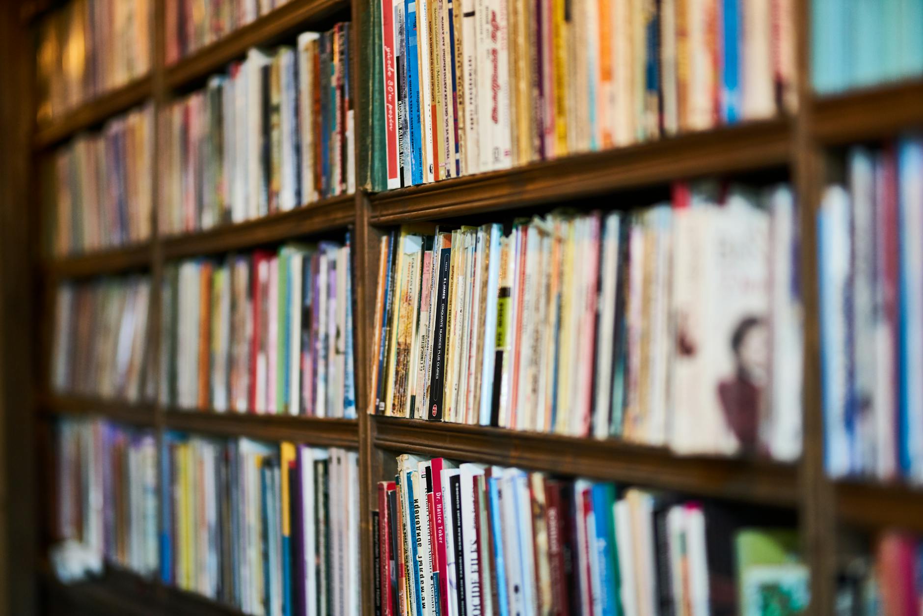 assorted books on wooden shelf